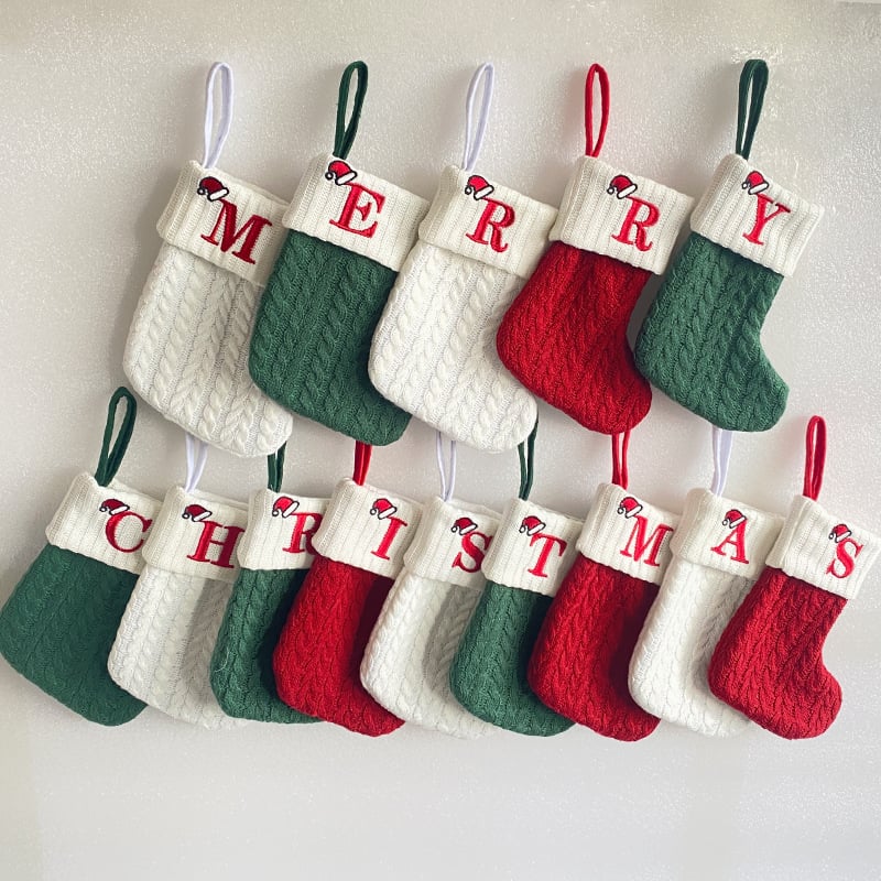 "Cozy Knit Socks, Embroidered Candy Gift Bag, Letter Christmas Stocking - Perfect for the Little Ones!"