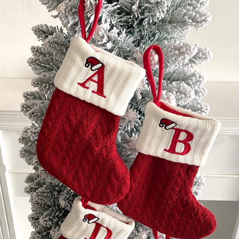 "Cozy Knit Socks, Embroidered Candy Gift Bag, Letter Christmas Stocking - Perfect for the Little Ones!"