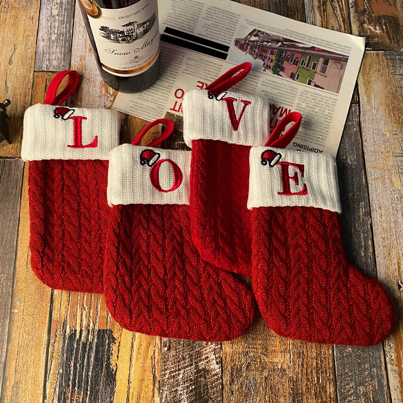 "Cozy Knit Socks, Embroidered Candy Gift Bag, Letter Christmas Stocking - Perfect for the Little Ones!"